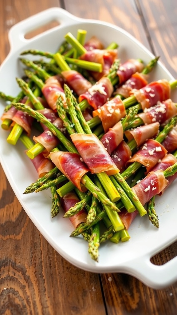 Roasted asparagus wrapped in crispy prosciutto on a white platter, garnished with Parmesan cheese.